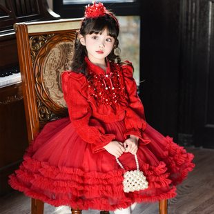 女童连衣裙加绒裙子2026新款儿童女孩冬季红色洋气蓬蓬公主裙冬装