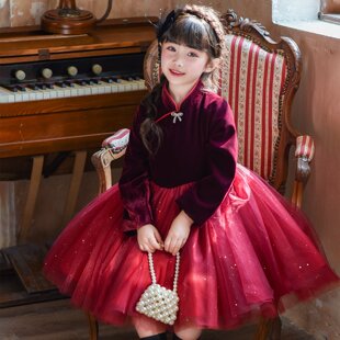 女童新中式冬季加绒连衣裙小女孩红色新年裙子儿童洋气过年公主裙