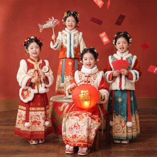 拜年服女童2026新款冬装明制汉服儿童喜庆唐装小女孩过年衣服加厚