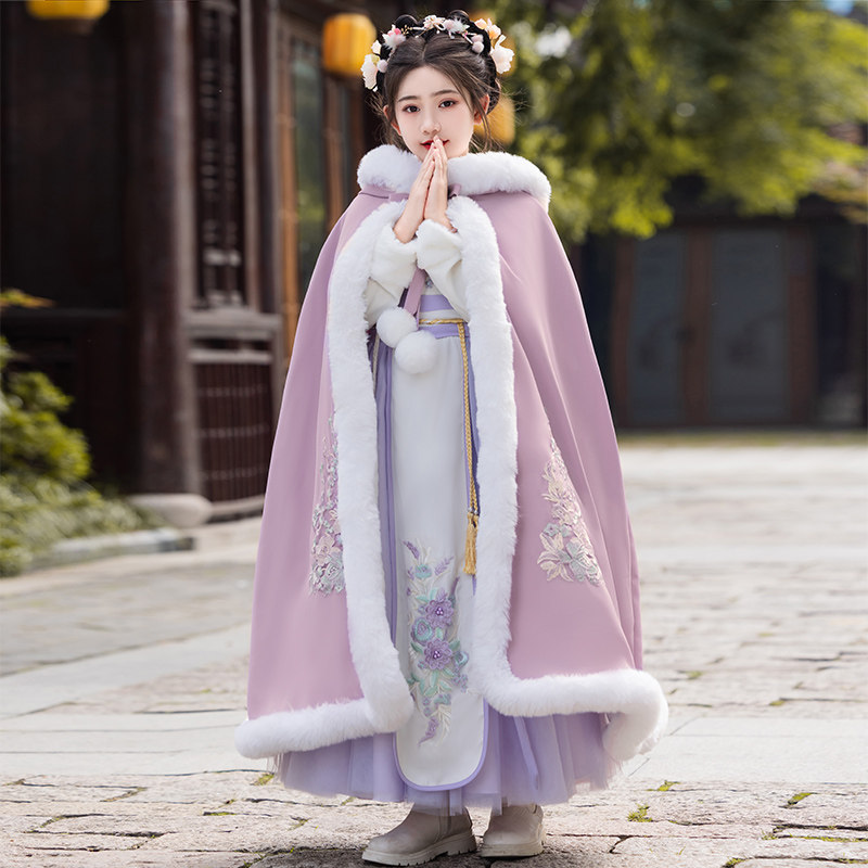 儿童汉服披风斗篷冬季加绒加厚中国风古装拜年服女童外出防风披肩