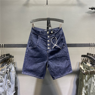 女单肩背带裤 单排扣不规则牛仔五分裤 百搭中裤 清仓不退换