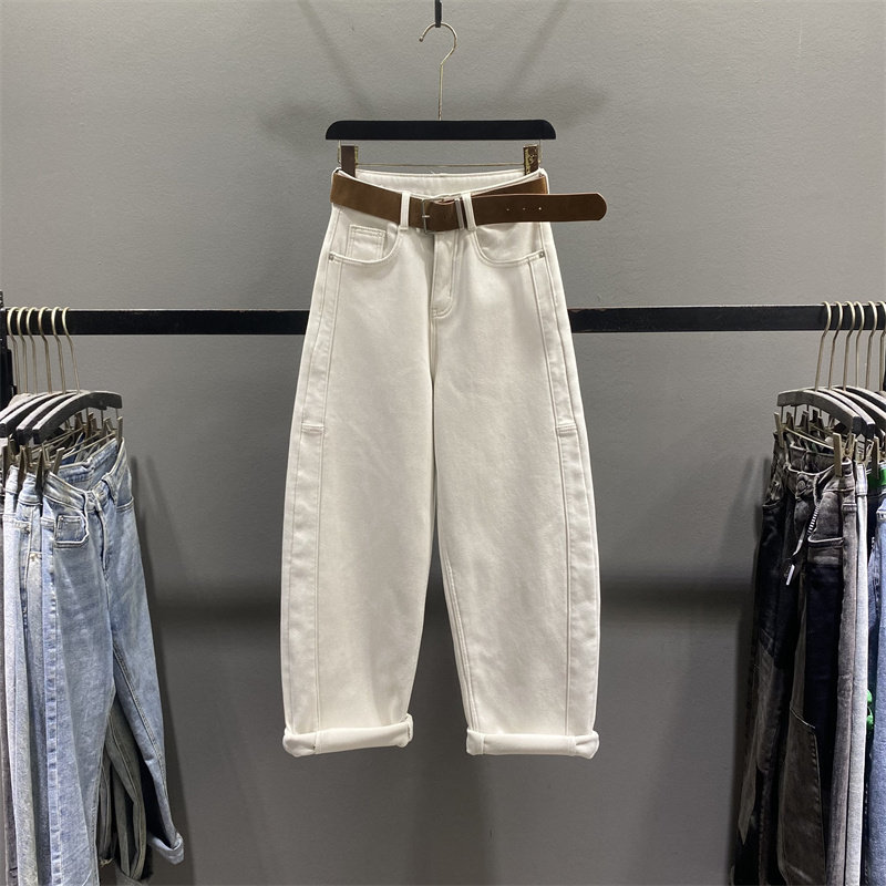 杏色加绒牛仔弯刀裤女阔腿长裤