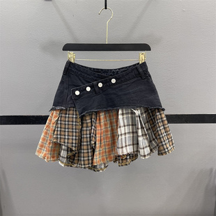 不规则格子拼接牛仔半身裙女2025夏季 设计感复古辣妹A字短裙 新款