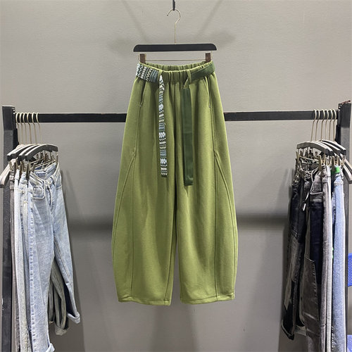 慵懒风绿色弯刀卫裤女运动阔腿裤