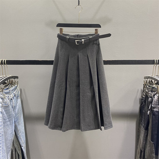 灰色毛呢半身裙女2025秋冬新款 A字百褶裙半裙 气质高腰显瘦中长款