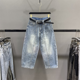 复古蓝色阔腿牛仔弯刀裤 女2026春夏小个子宽松显瘦九分哈伦老爹裤