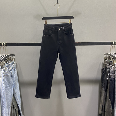 黑色加绒加厚牛仔烟管裤女九分裤