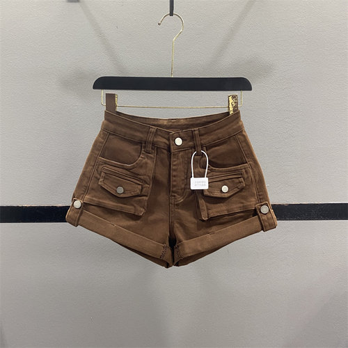 美式咖色牛仔短裤女超短卷边热裤