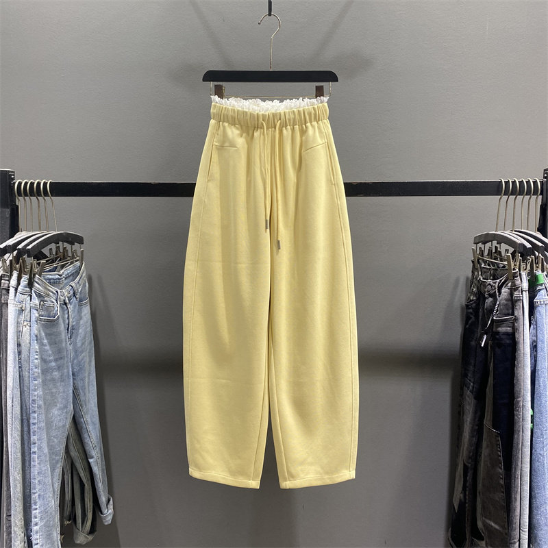 减龄黄色蕾丝拼接休闲弯刀裤女2026春季新款宽松显瘦阔腿运动卫裤,女装/女士精品,休闲裤,淘宝优惠券,粉丝福利购,淘宝优惠卷