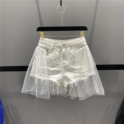 网纱拼接假两件牛仔短裤女阔腿裤