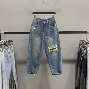 哈伦裤 复古贴布破洞牛仔裤 百搭宽松显瘦休闲老爹裤 新款 女2026春季