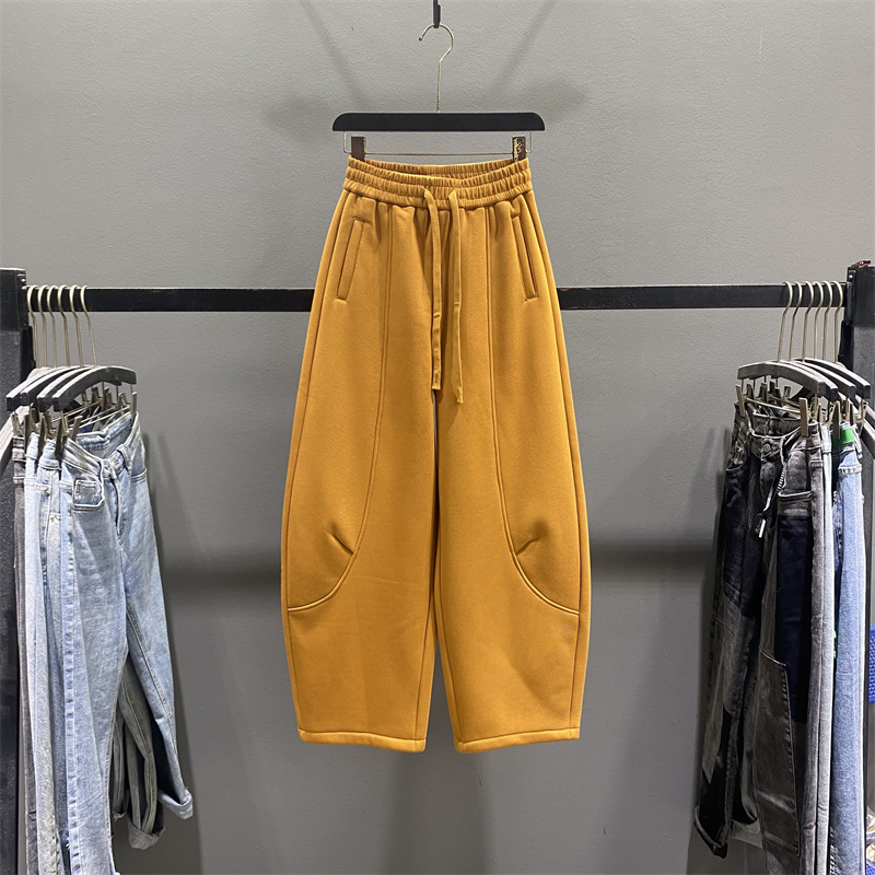 美式慵懒风弯刀阔腿裤女加绒卫裤