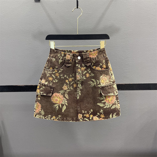 复古咖色印花牛仔半身裙女短裙