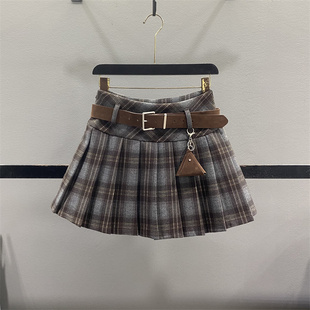 学院风复古格子百褶半身裙女2025秋冬新款 高腰显瘦A字毛呢短裙子