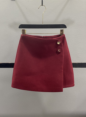 洋气红色不规则毛呢半身裙女2025秋冬两粒扣高腰显瘦A字包臀短裙