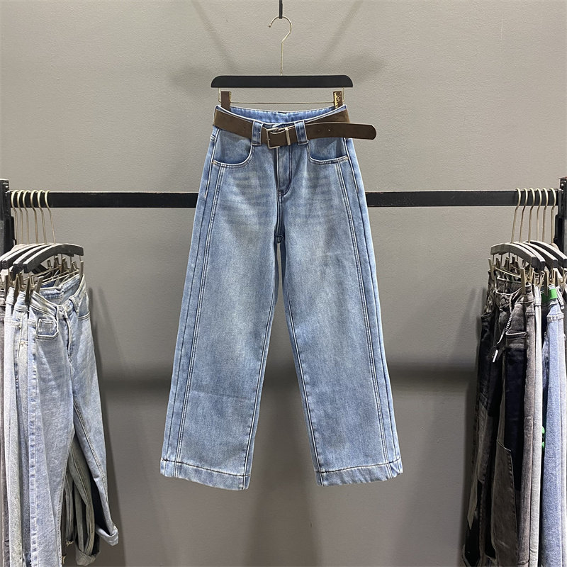 浅蓝色加绒加厚直筒牛仔裤女阔腿