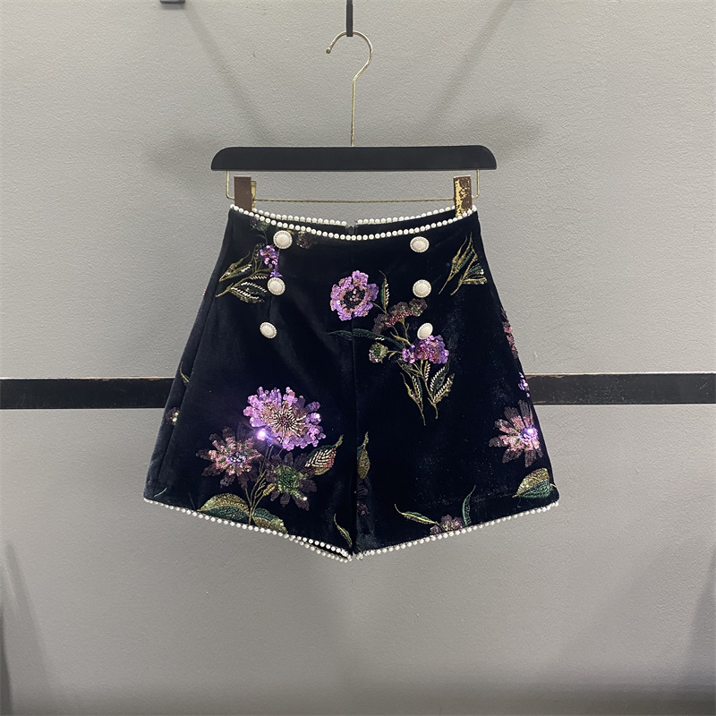 法式重工刺绣亮片丝绒短裤女靴裤