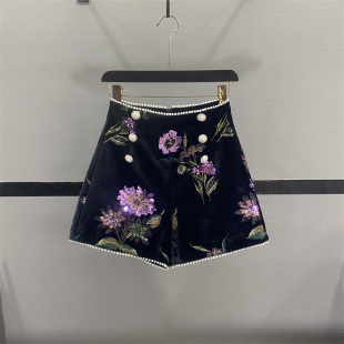 靴裤 女2025秋冬高腰显瘦外穿A字阔腿裤 重工刺绣亮片丝绒短裤 法式