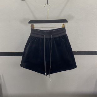 外穿靴裤 松紧高腰抽绳加厚A字阔腿裤 女2025秋冬新款 黑色丝绒短裤