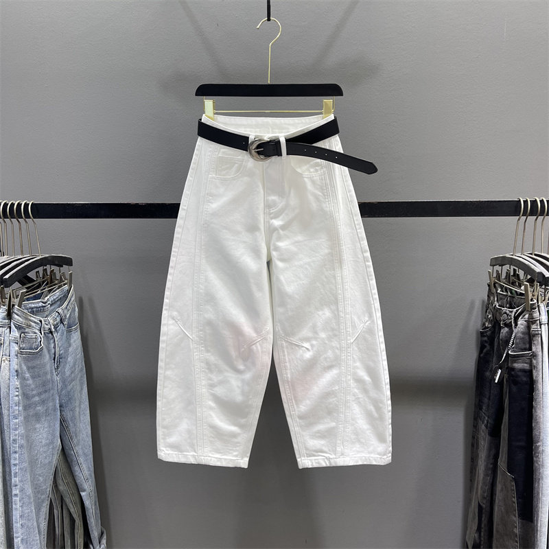 白色阔腿牛仔弯刀裤女2026春夏小个子高腰宽松休闲九分哈伦奶奶裤
