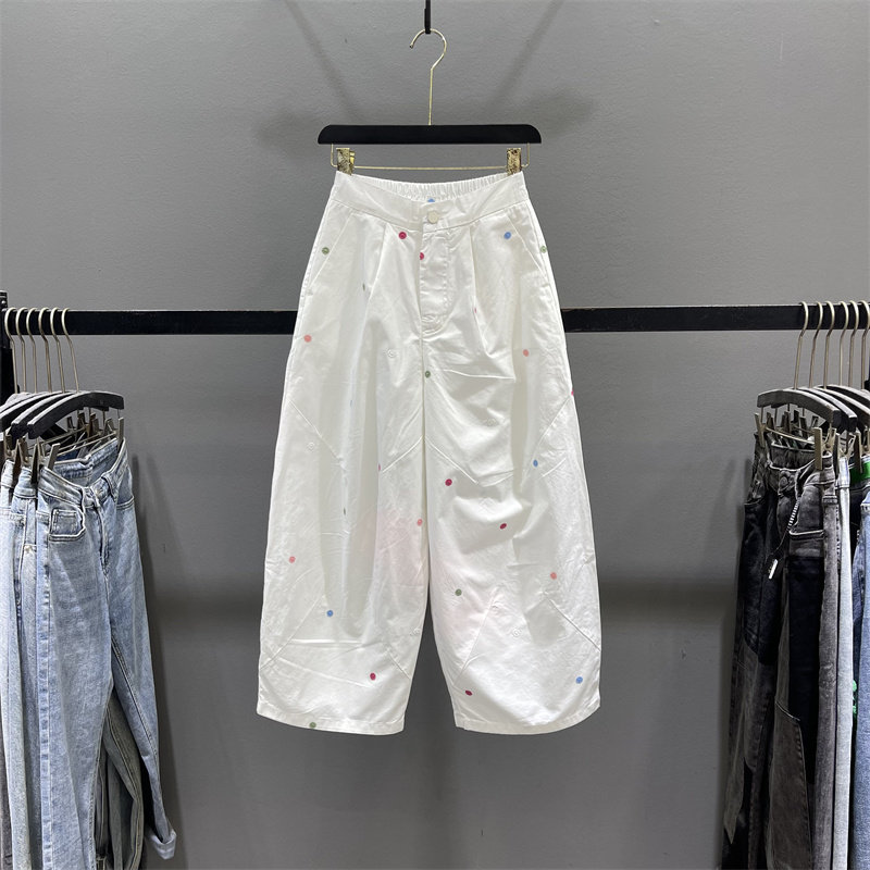 欧货2026夏季新款彩色波点刺绣休闲裤女高腰宽松九分阔腿奶奶裤潮