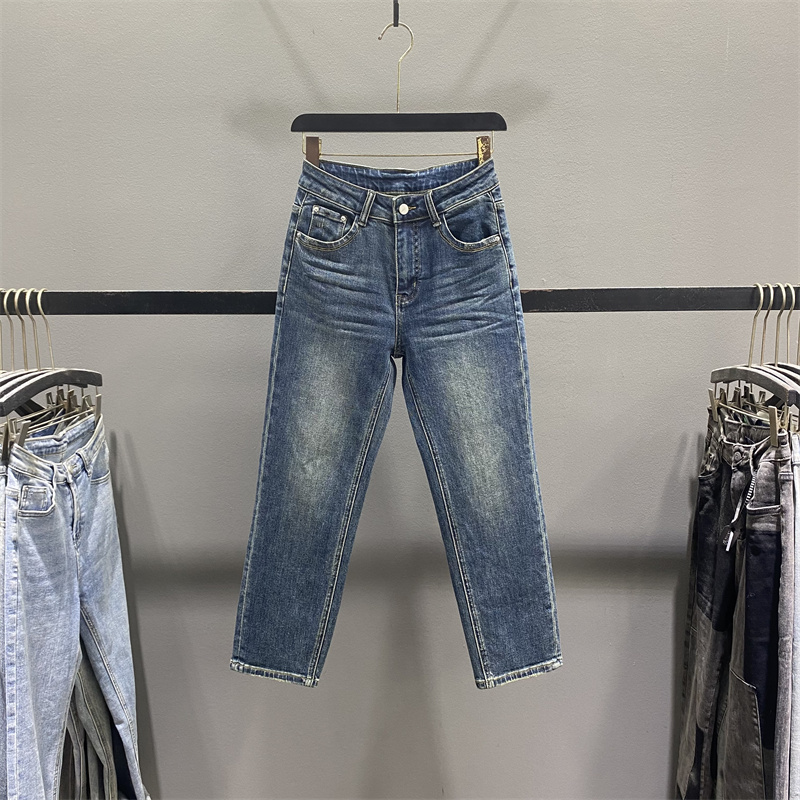 复古蓝色直筒牛仔裤女九分烟管裤