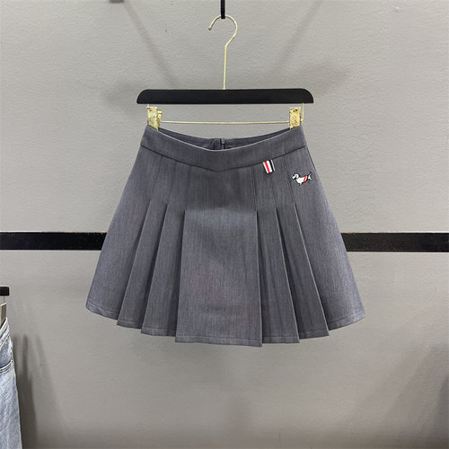 灰色刺绣百褶半身裙女A字短裙