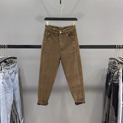 咖啡色加绒加厚哈伦牛仔裤女小脚