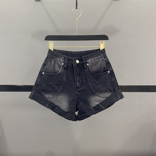 复古黑色牛仔短裤女卷边阔腿热裤