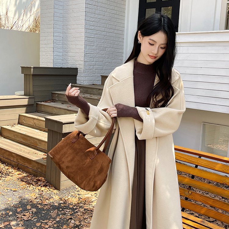 韩系网红款秋冬浴袍长款双面呢绒大衣/外套双面毛呢/呢子大衣外套