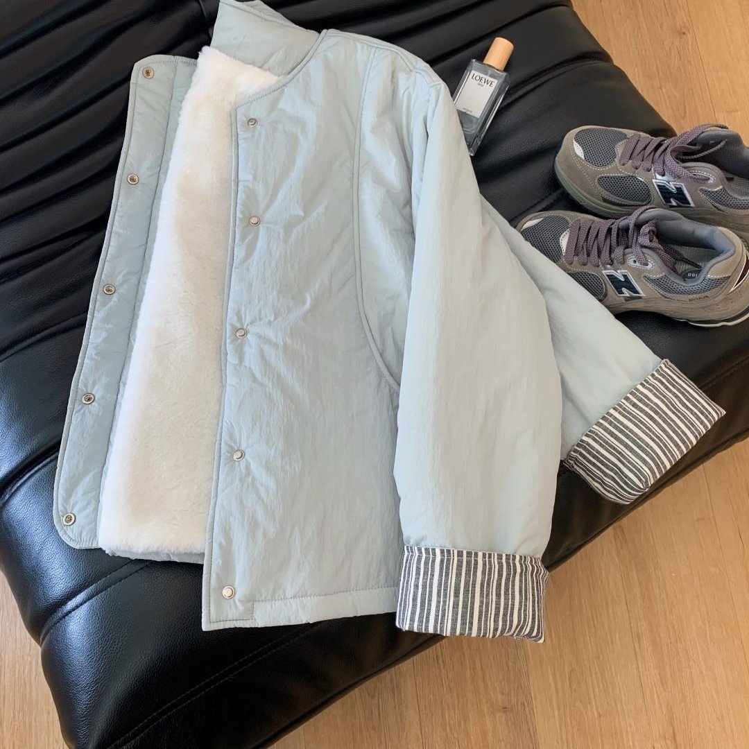 韩系奶蓝色加绒棉服棉衣夹棉外套女洋气轻薄小棉袄小个子保暖短款