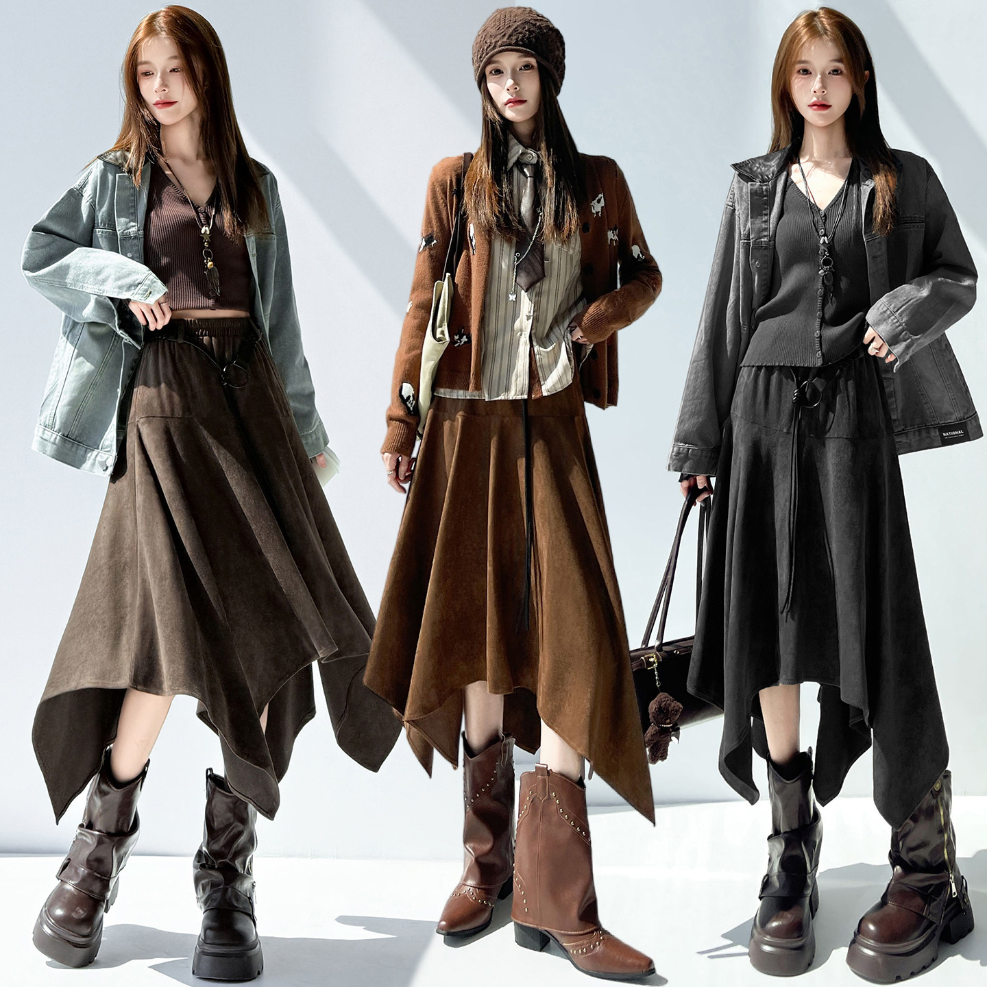 不规则麂皮绒百褶半身裙女秋冬高腰显瘦休闲百搭a字中长款大摆裙