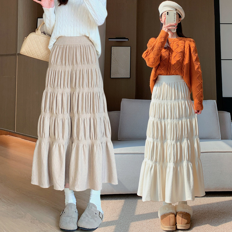 高腰褶皱针织半身裙女春夏2025年新款小个子中长款a字蓬蓬蛋糕裙