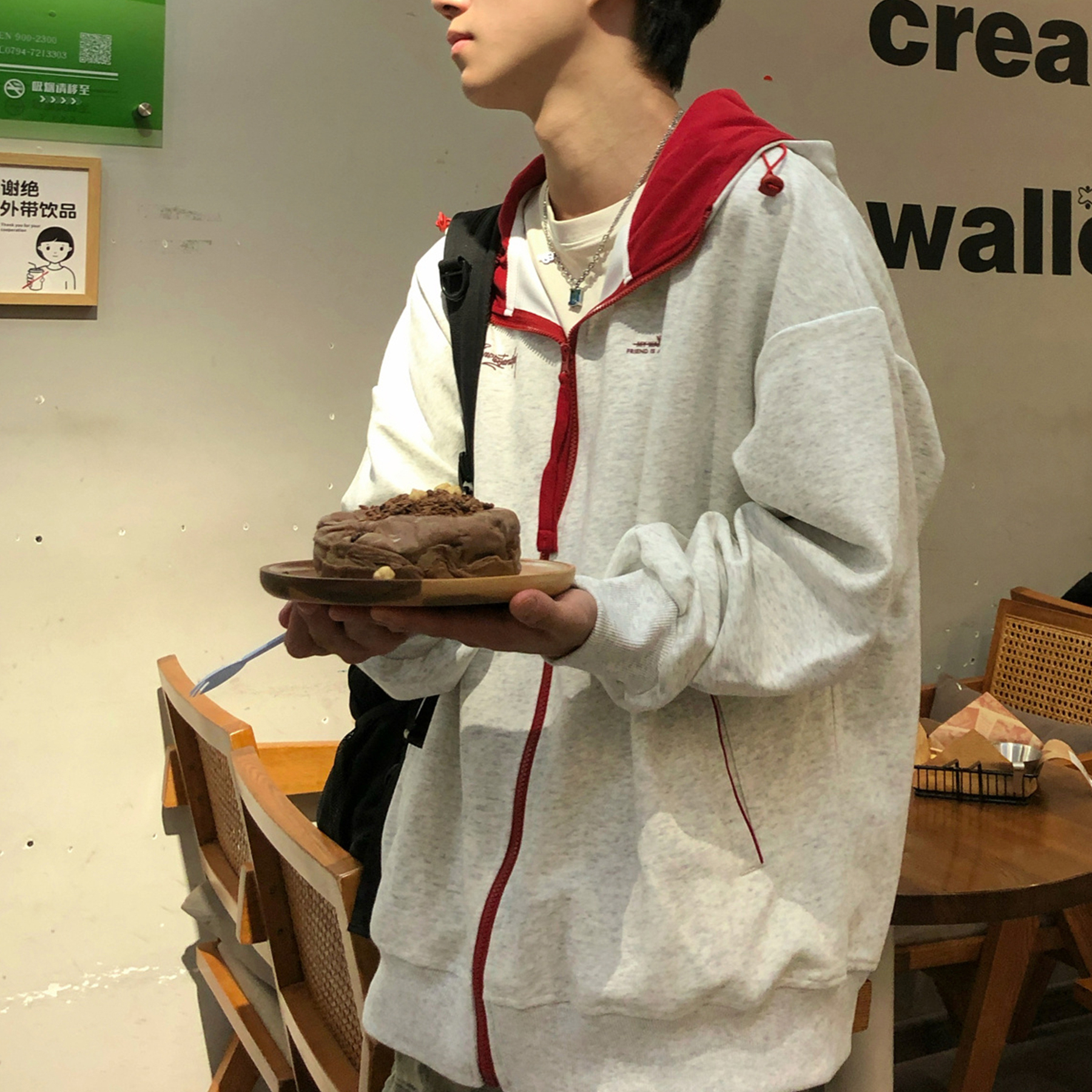 美式复古撞色拼接拉链连帽卫衣