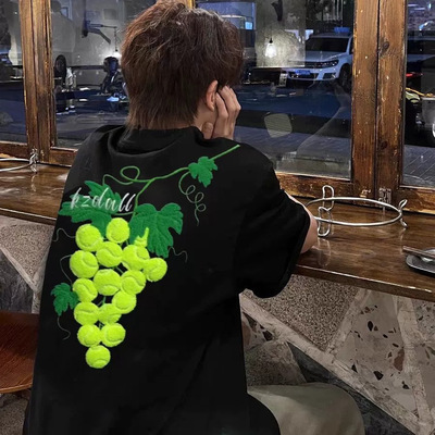 美式高街刺绣葡萄黑色短袖t恤男