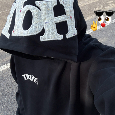 美式高街黑色字母刺绣连帽卫衣