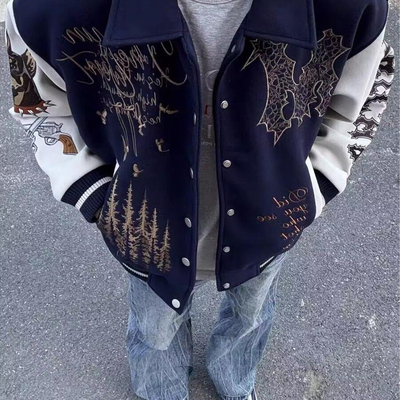 美式高街涂鸦刺绣棒球服外套男