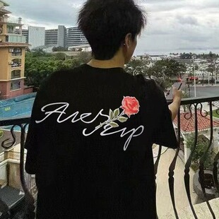 国潮美式高街玫瑰花刺绣短袖t恤男夏季纯棉潮牌情侣款ins简约上衣