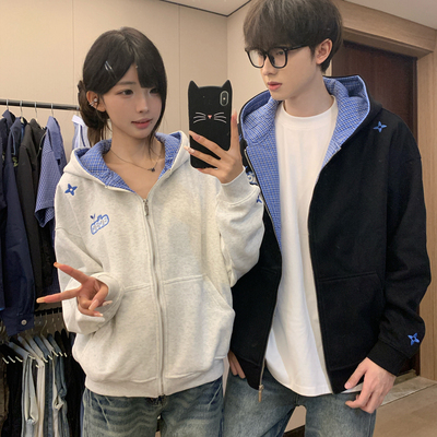 国潮格子拼接假两件卫衣