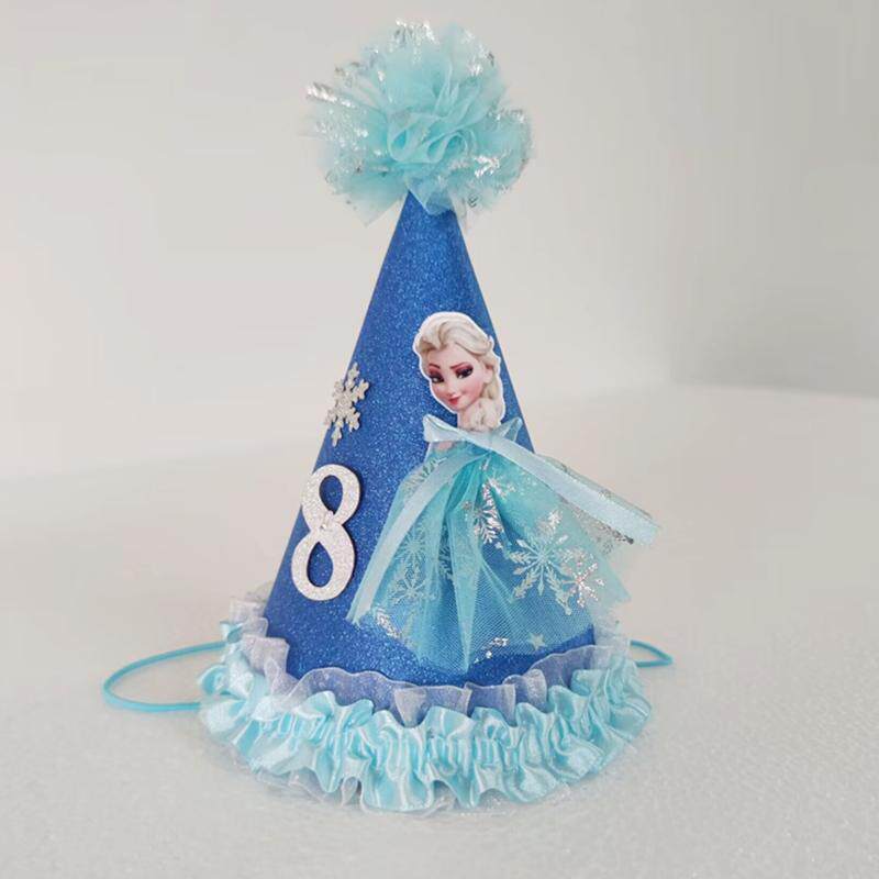 冰雪奇缘主题生日数字party主角帽 蓝色艾莎公主女孩年龄毛球帽子