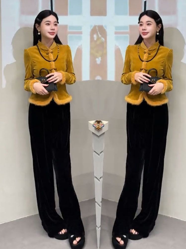 2025秋冬新款新中式国风立领拼接毛边收腰显瘦气质上衣阔腿裤潮派