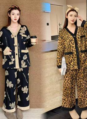 秋冬新款大码时尚保暖睡衣套装显瘦气质简约舒适两件套家居服潮美