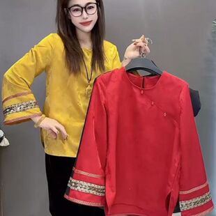 女2026新款 衬衫 宽松圆领百搭气质女神范上衣4 民族风大码 新中式