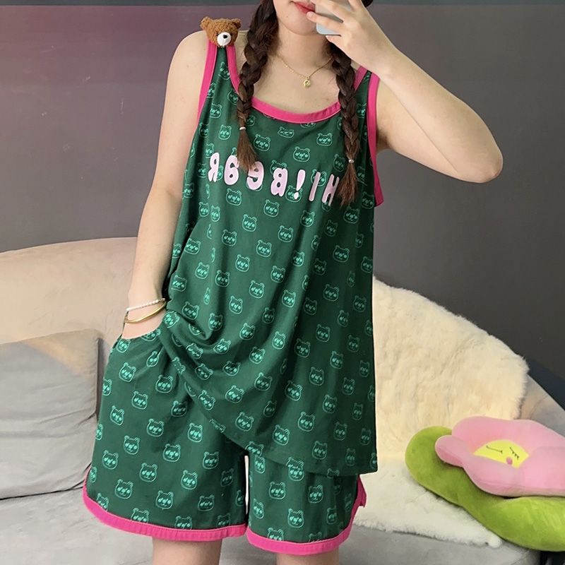 大码女胖妹高档可外穿睡衣夏背心短裤小熊家居服两件套小众小清新