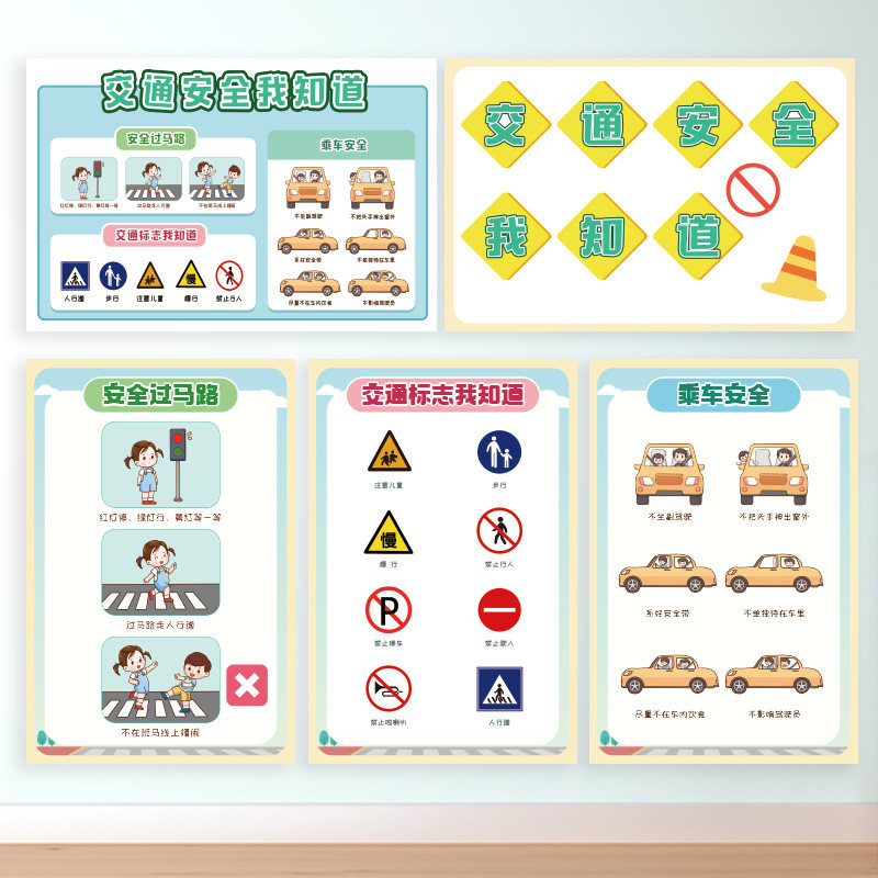 幼儿园教育交通安全我知道主题安全日过马路交通标志乘车环创墙贴
