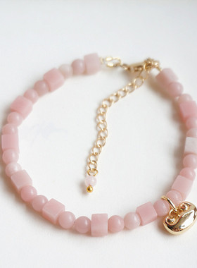 《花酿》天然粉澳宝方糖珠圆珠手链桃花助运粉红色中国风平安锁