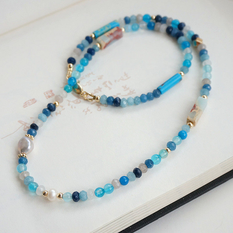 【蓝眼泪】天然多宝水晶项链锁骨链chorker蓝玛瑙玉髓灰珍珠