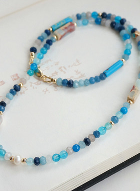 【蓝眼泪】天然多宝水晶项链锁骨链chorker蓝玛瑙玉髓灰珍珠