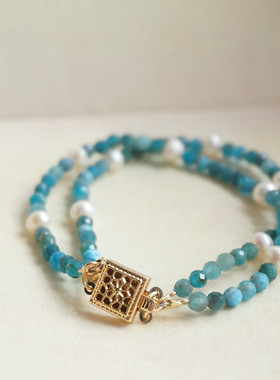 清风明月花窗梦 天然蓝磷灰石新中式旗袍高级感叠戴双层手链