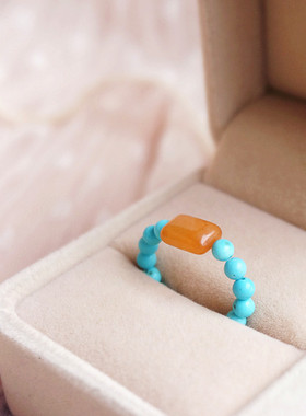 小苍蓝～天然绿松石东陵玉串珠戒指小众手作定制弹力绳食指戒气质